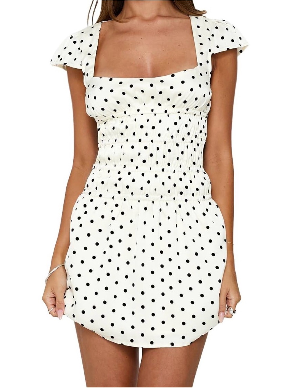 Evangelie Ruched Mini Dress Cream White Polka NWOT US 10
